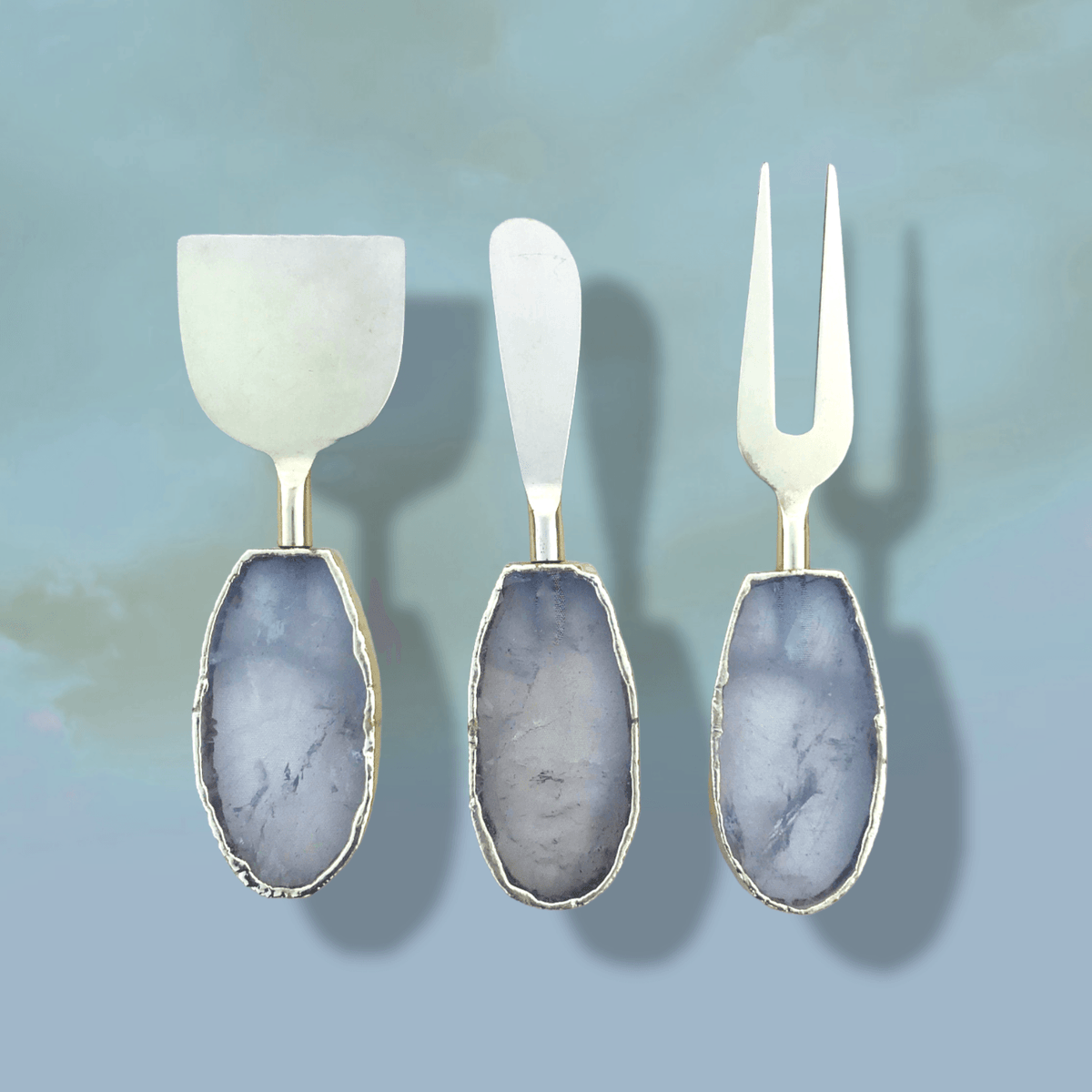 Set of 3 Agate Clear Quartz Cheese Knives Spreaders