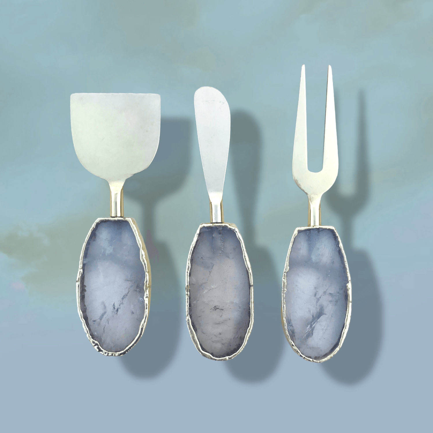 Set of 3 Agate Clear Quartz Cheese Knives Spreaders