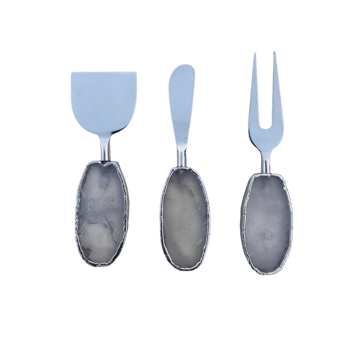 Set of 3 Agate Clear Quartz Cheese Knives Spreaders