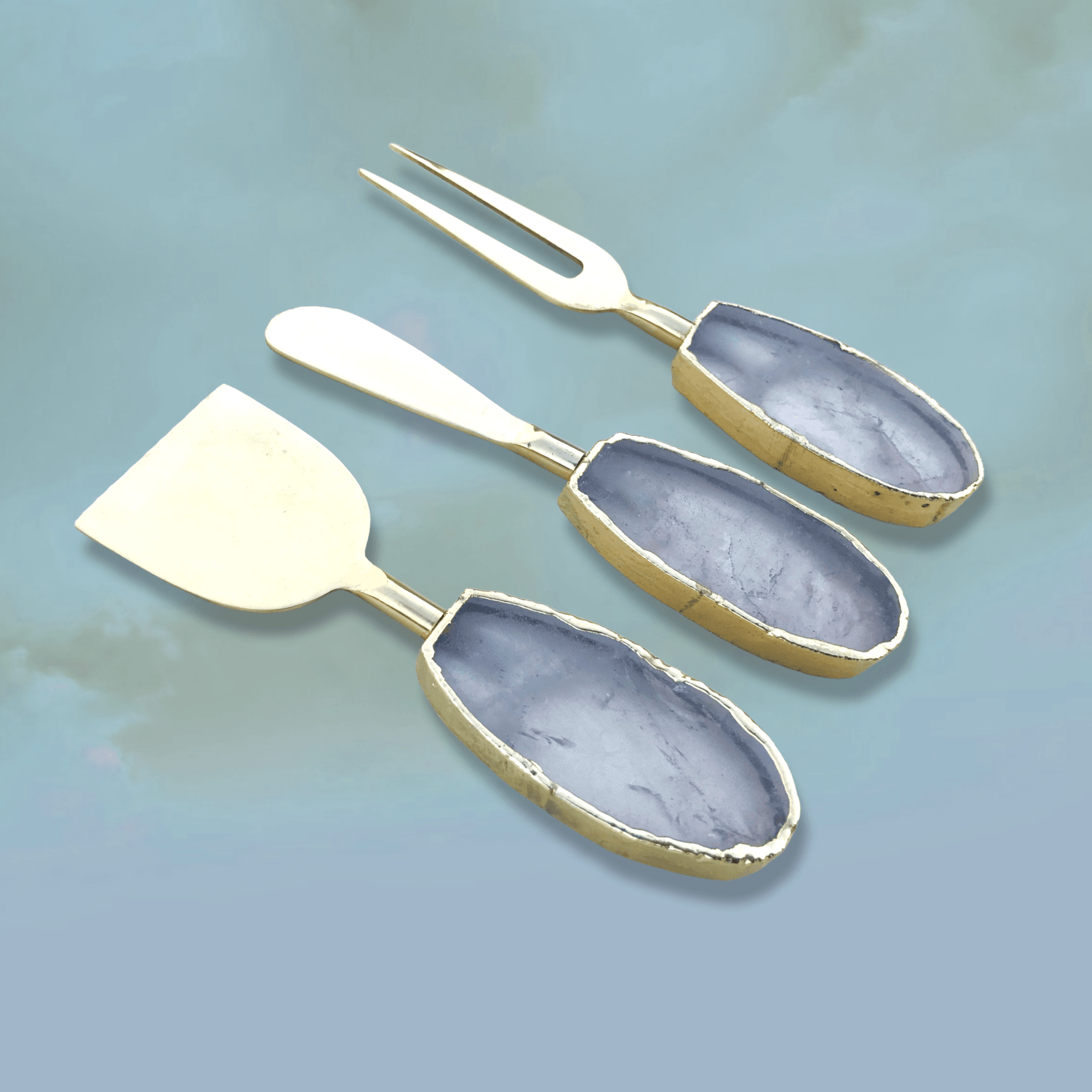 Set of 3 Agate Clear Quartz Cheese Knives Spreaders