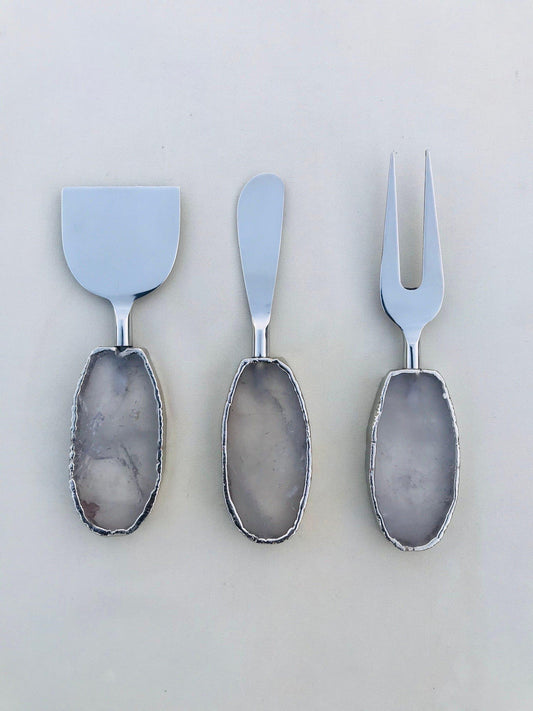 Set of 3 Agate Clear Quartz Cheese Knives Spreaders - MAIA HOMES