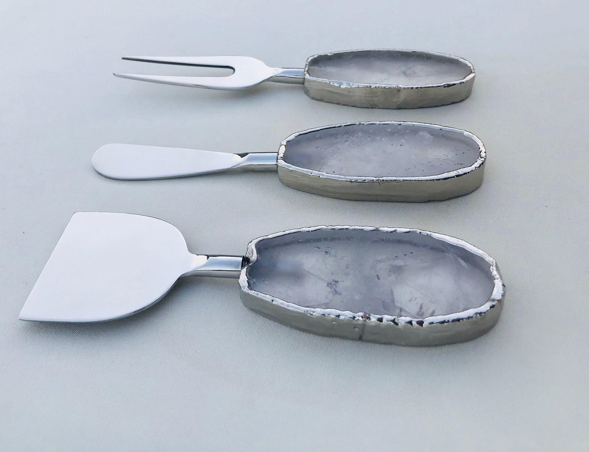 Set of 3 Agate Clear Quartz Cheese Knives Spreaders