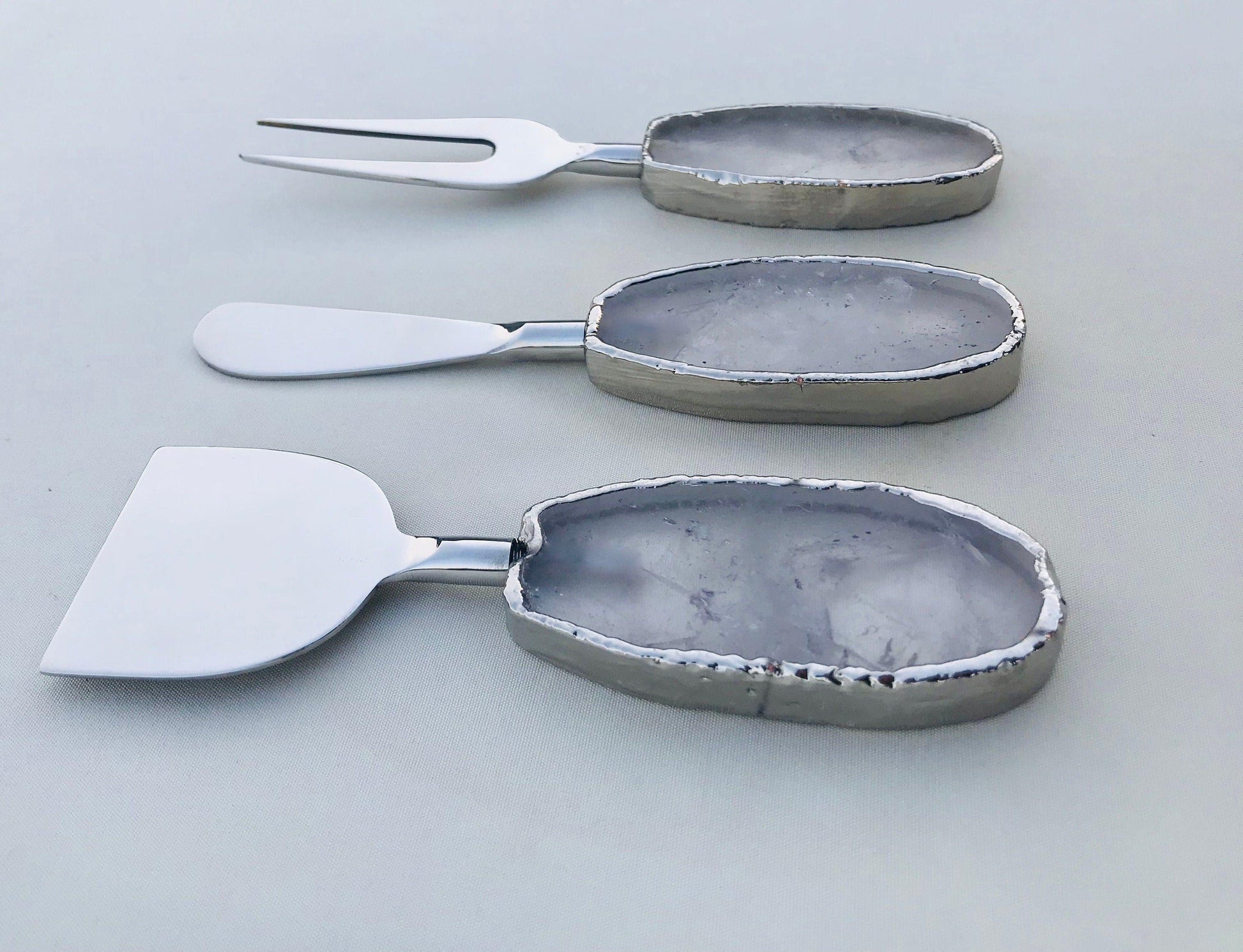 Set of 3 Agate Clear Quartz Cheese Knives Spreaders - MAIA HOMES