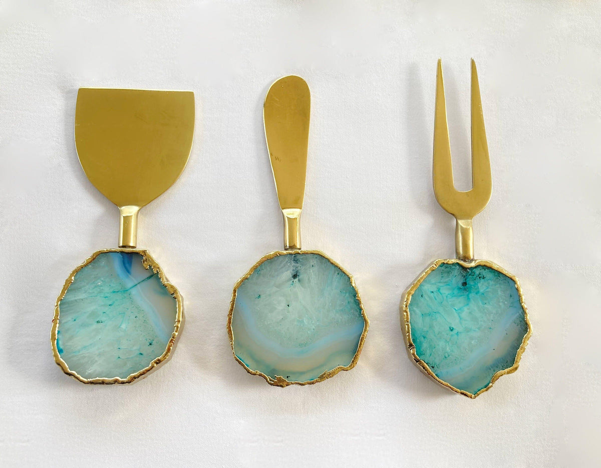 Set of 3 Aqua Agate Cheese Knives Spreaders Default Title