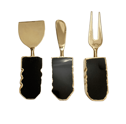 Set of 3 Black Agate Cheese Knives Spreaders Rose Gold finish