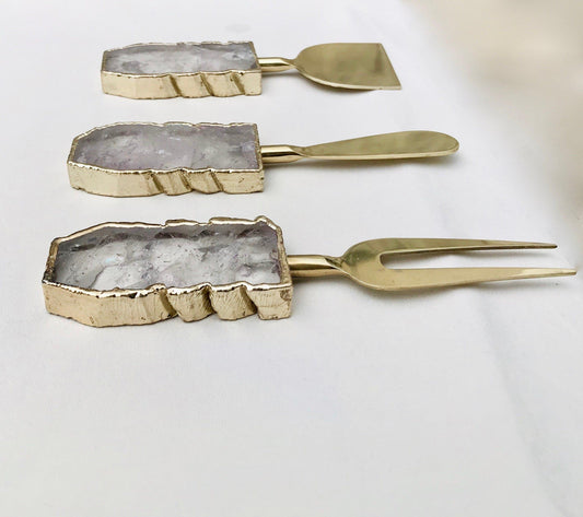 Set of 3 Clear Quartz Agate Cheese Knives Spreaders - MAIA HOMES
