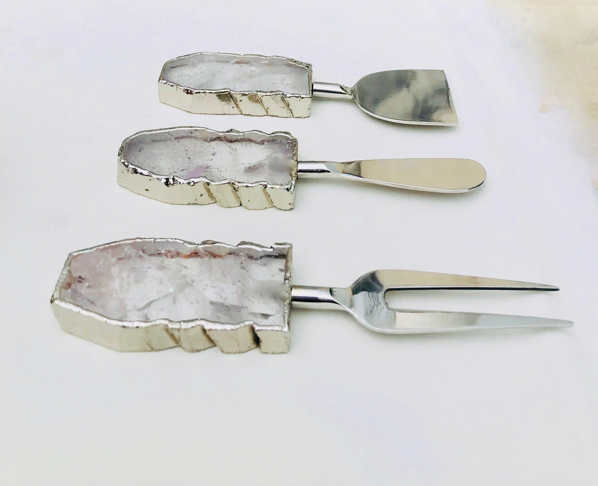 Set of 3 Clear Quartz Agate Cheese Knives Spreaders