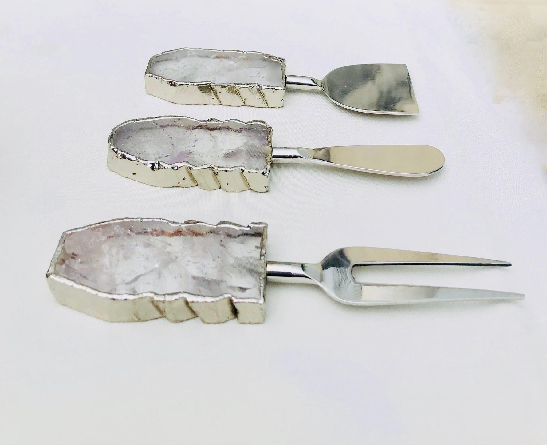 Set of 3 Clear Quartz Agate Cheese Knives Spreaders