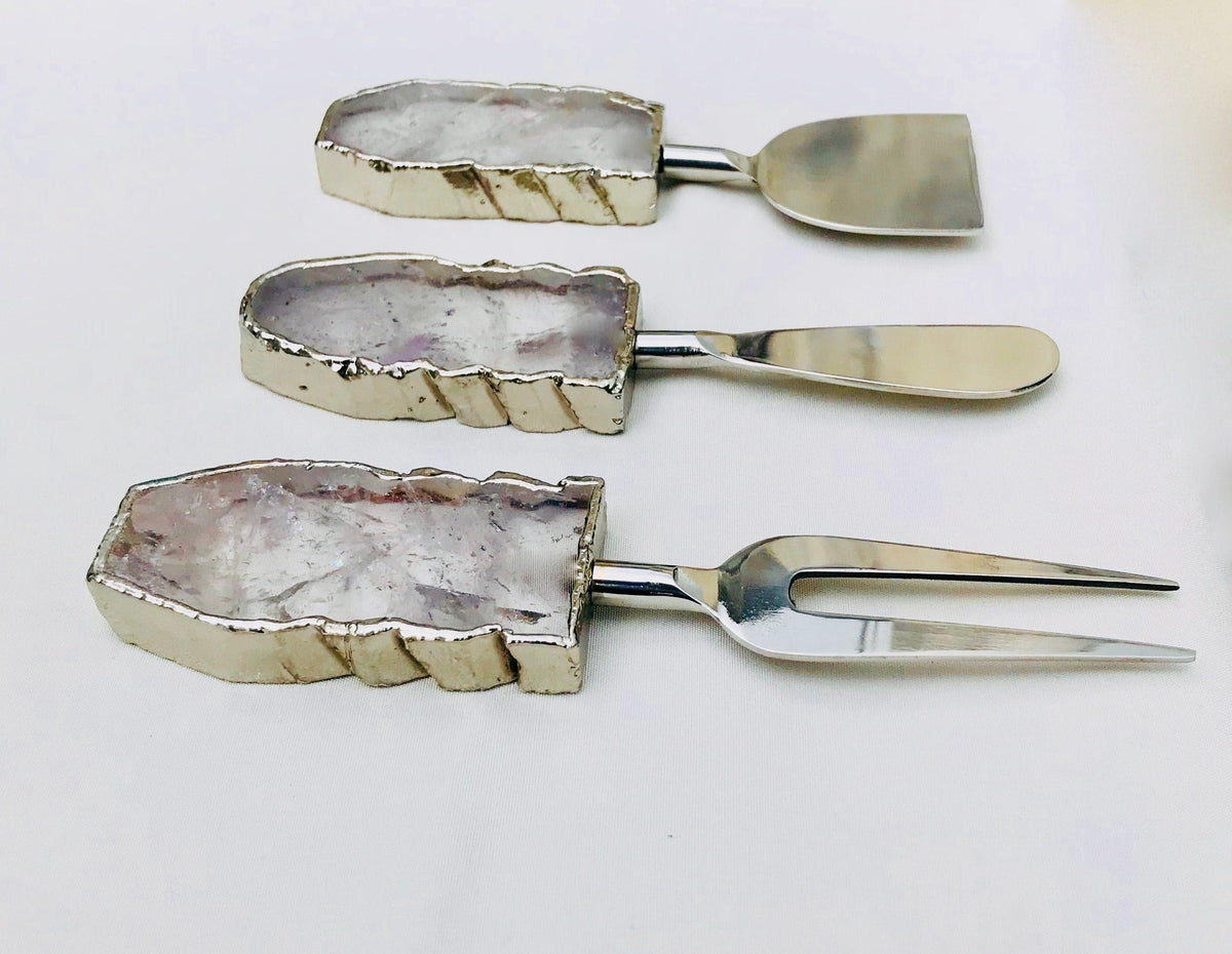 Set of 3 Clear Quartz Agate Cheese Knives Spreaders