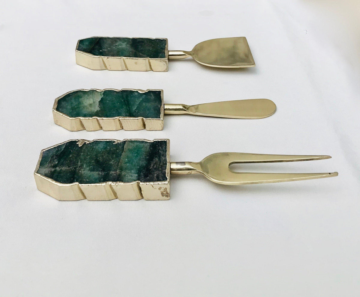 Set of 3 Green Agate Cheese Knives Spreaders