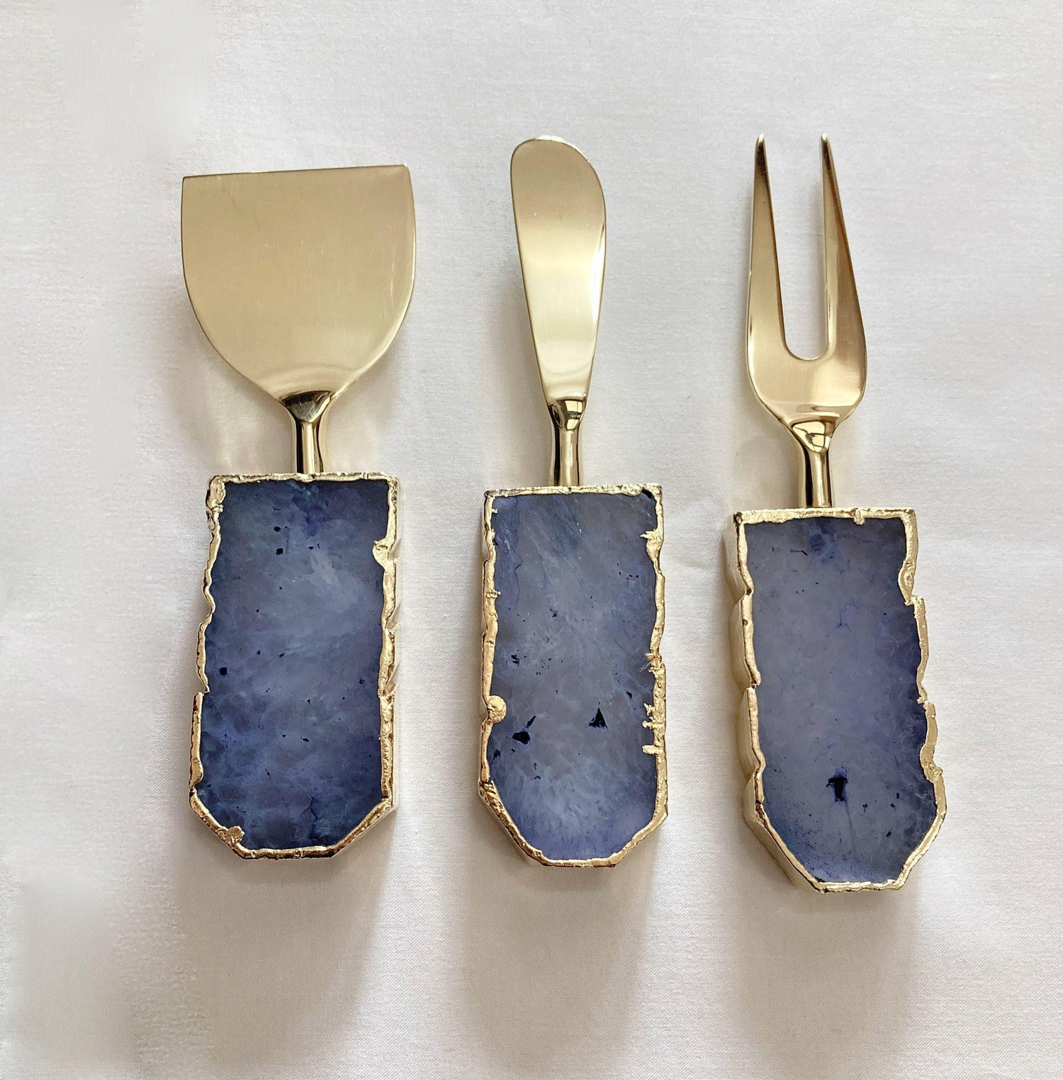 Set of 3 Light Ink Blue Agate Cheese Knives Spreaders Rose Gold finish