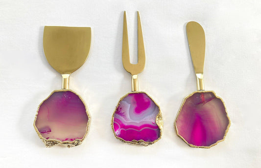 Set of 3 Pink Agate Cheese Knives Spreaders - MAIA HOMES