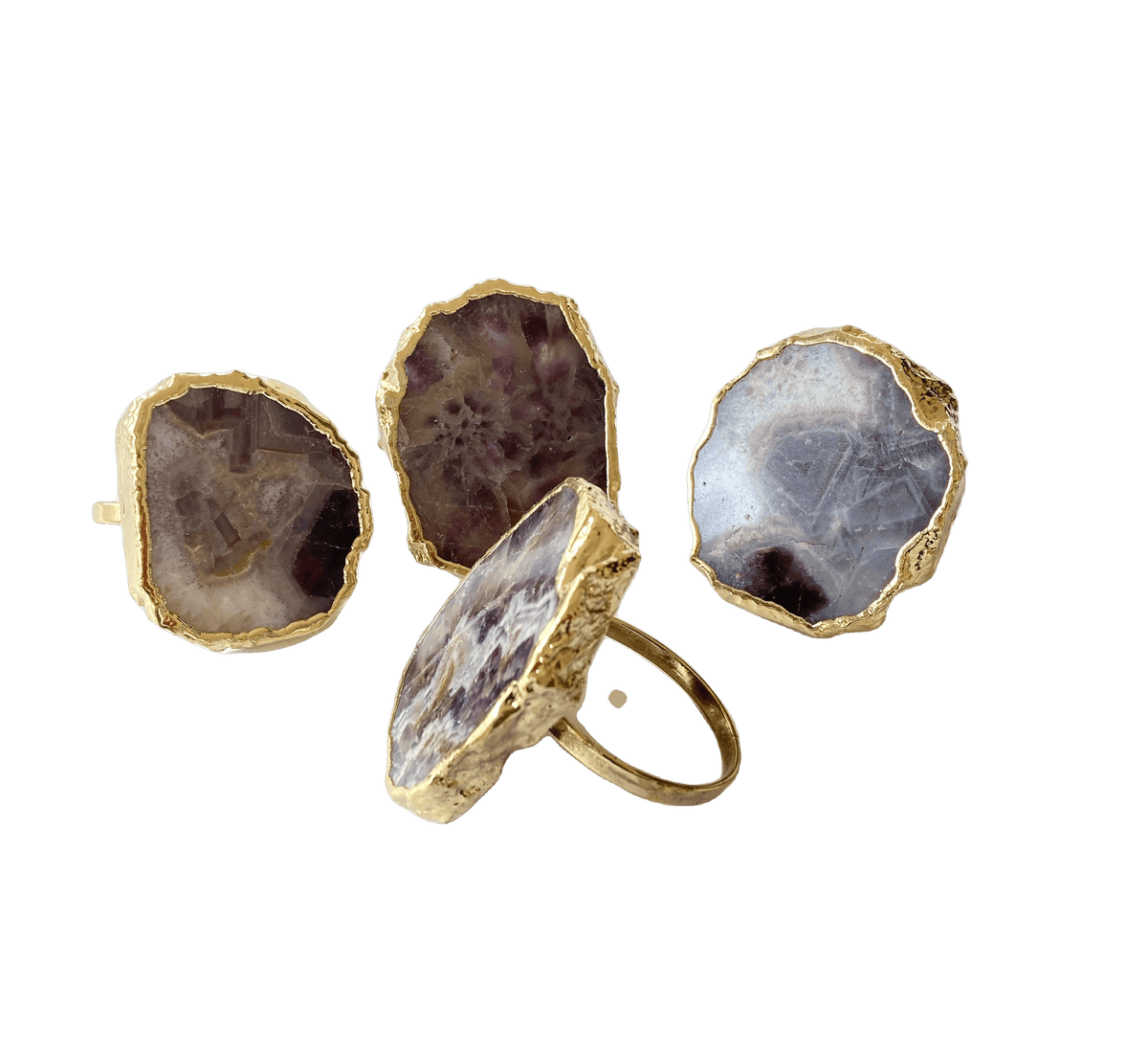 Set of 4 Hand Rounded Amethyst Agate Napkin Rings Rose Gold Finish