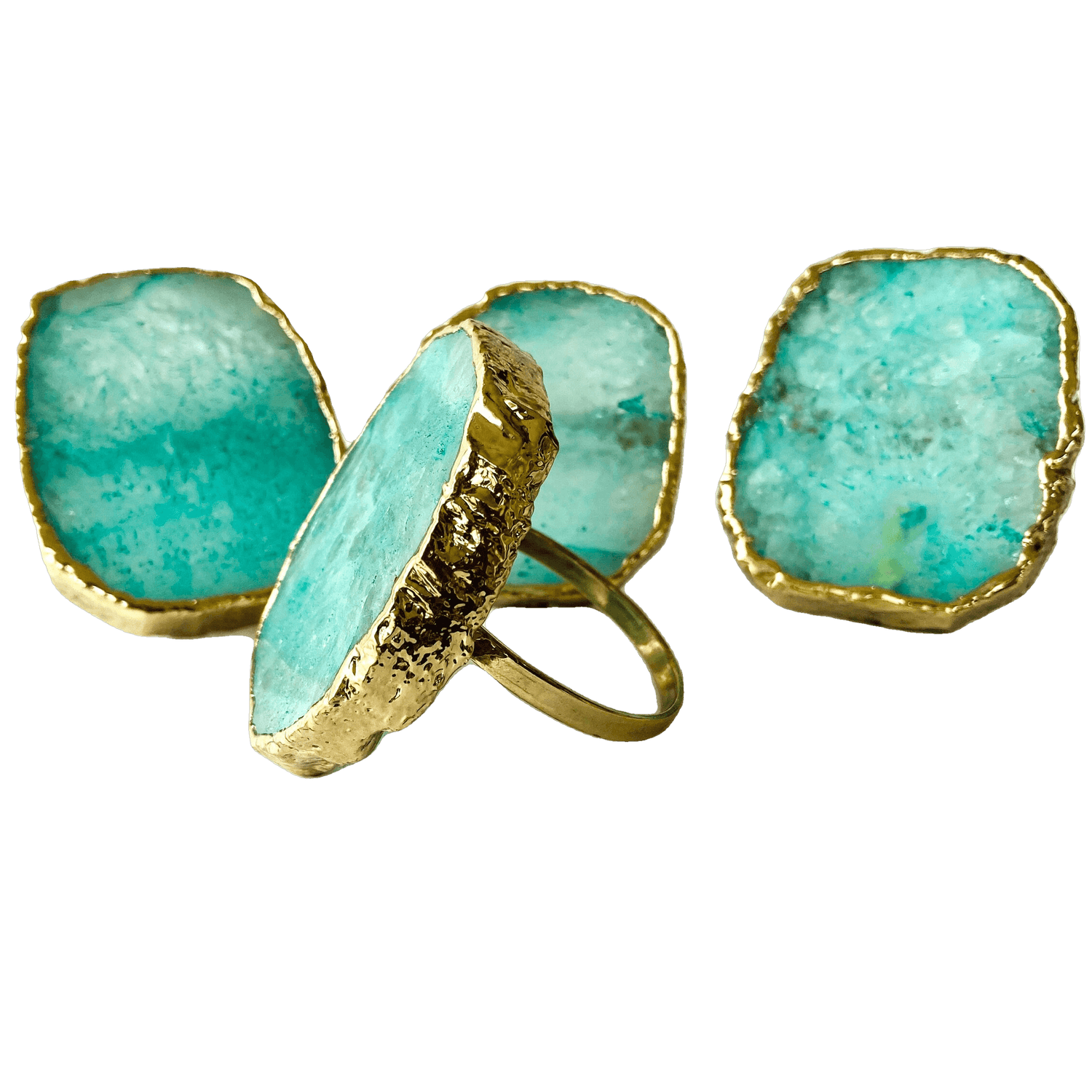 Set of 4 Hand Rounded Aqua Agate Napkin Rings Rose Gold Finish