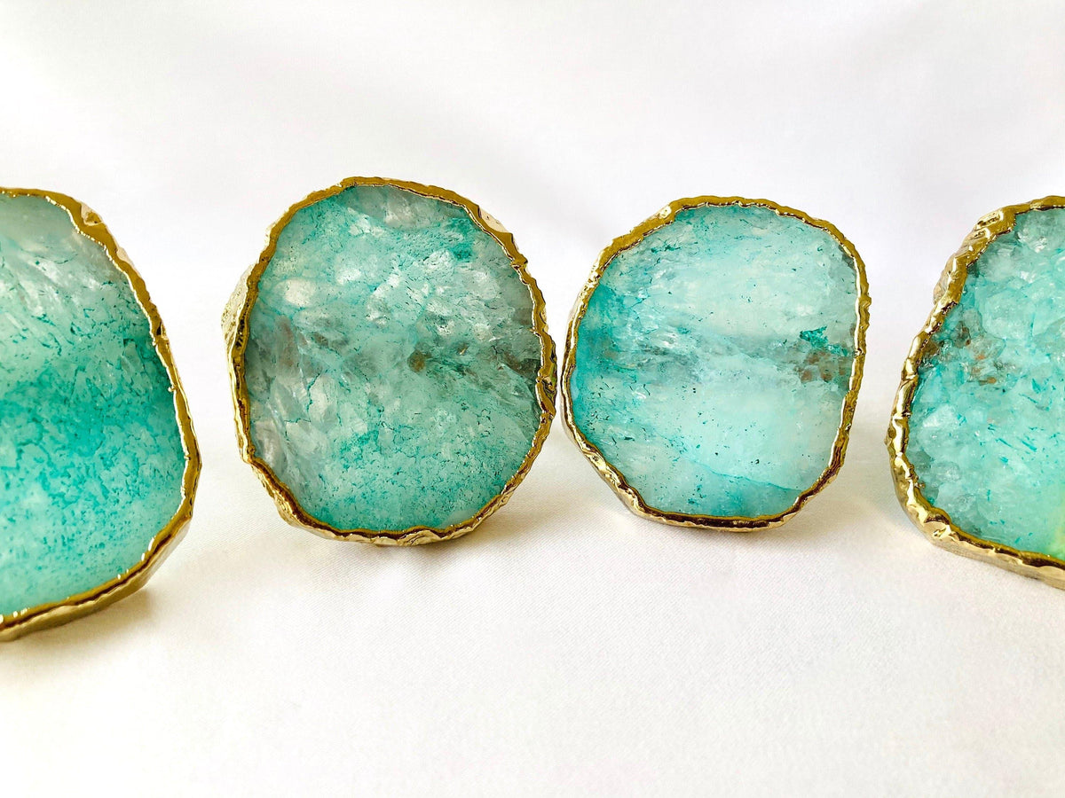 Set of 4 Hand Rounded Aqua Agate Napkin Rings