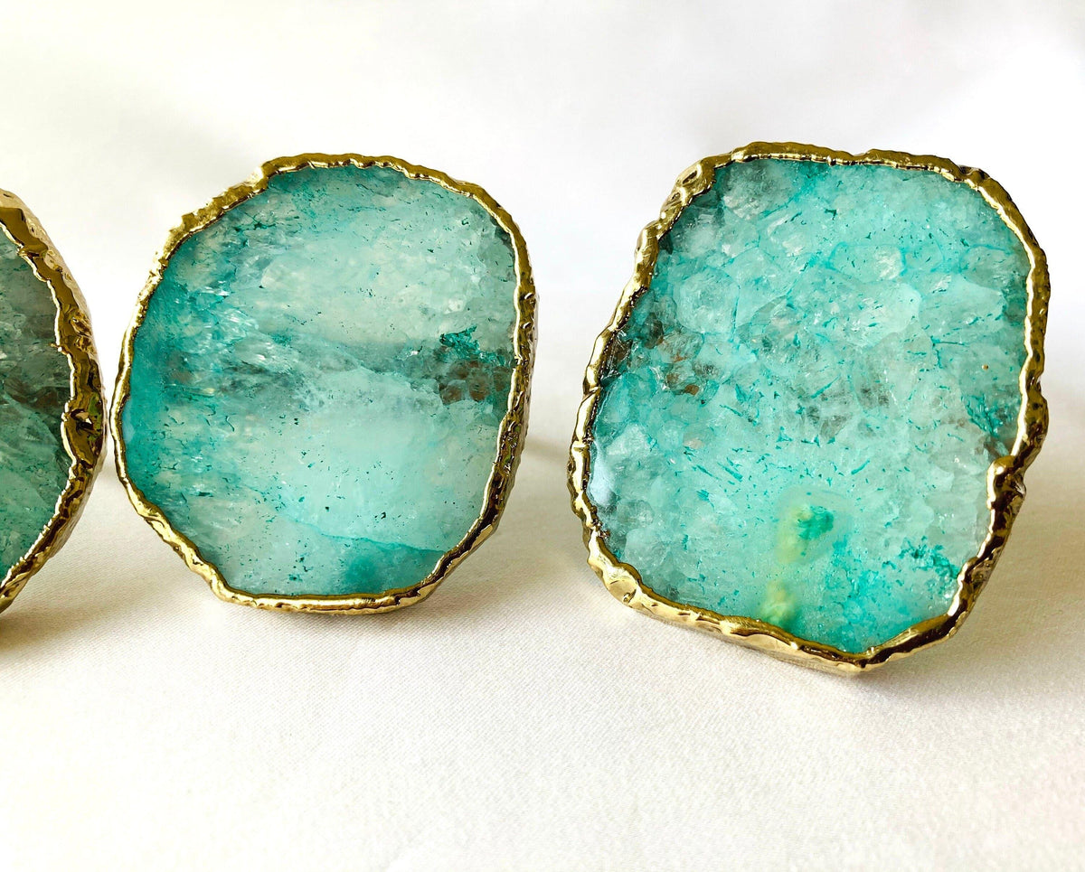 Set of 4 Hand Rounded Aqua Agate Napkin Rings