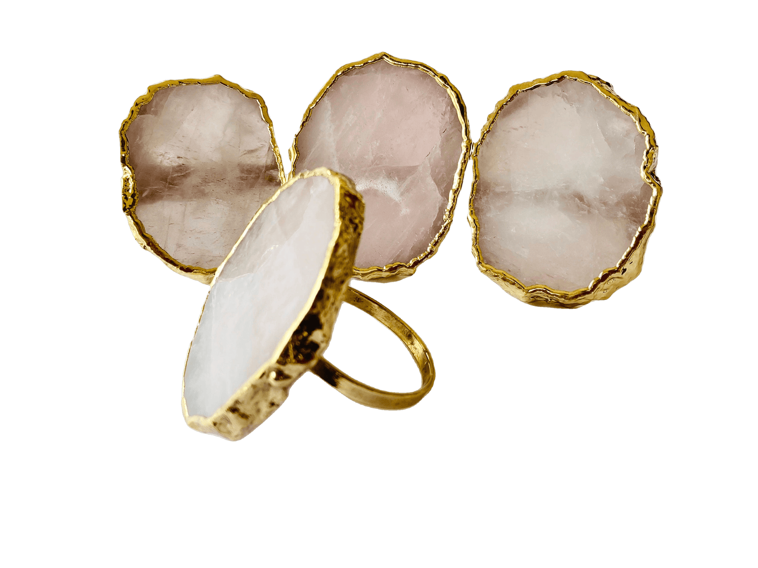 Set of 4 Hand Rounded Rose Quartz Agate Napkin Rings Rose Gold Finish