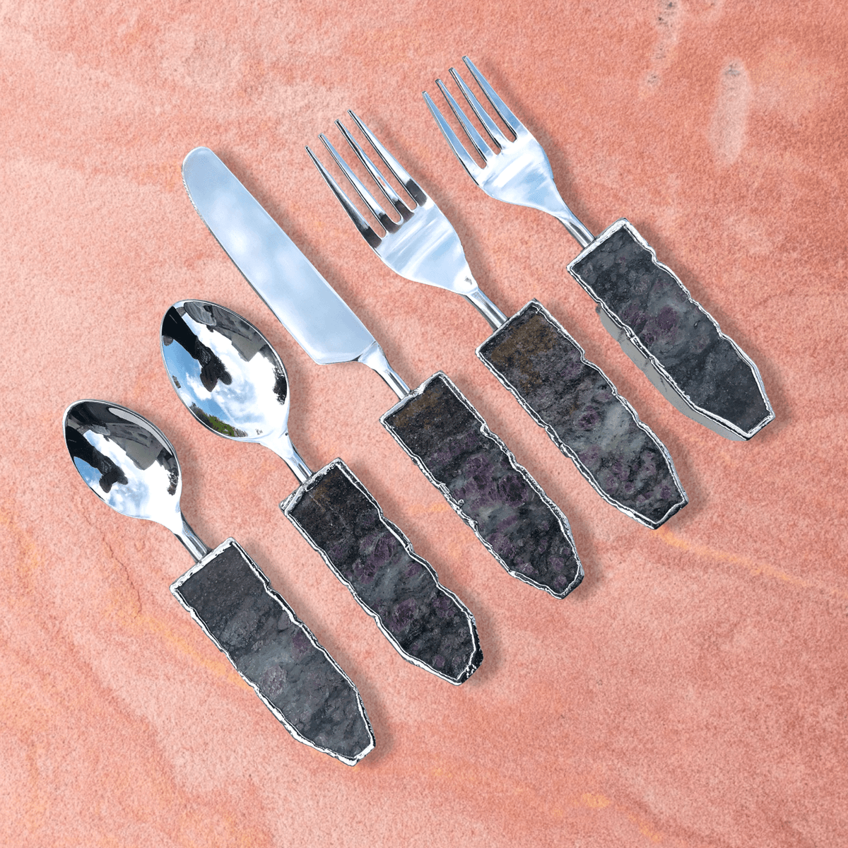 Set of 5 Pieces Lepidolite Gemstone Agate Cutlery