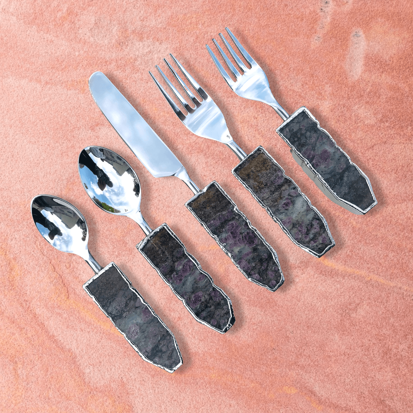 Set of 5 Pieces Lepidolite Gemstone Agate Cutlery - MAIA HOMES