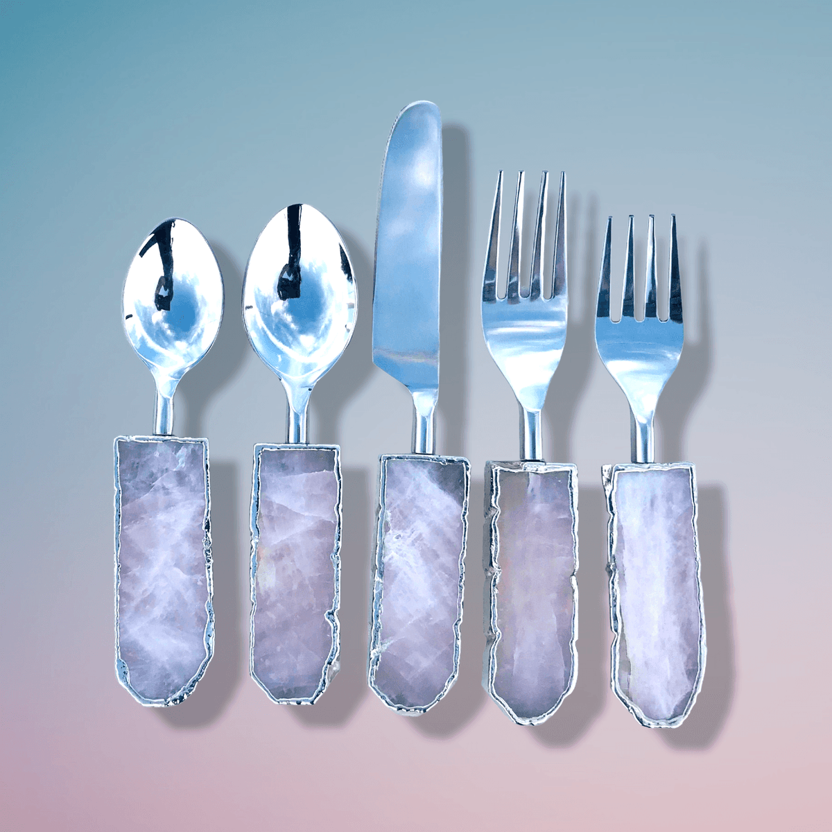 Set of 5 Pieces Rose Quartz Agate Cutlery