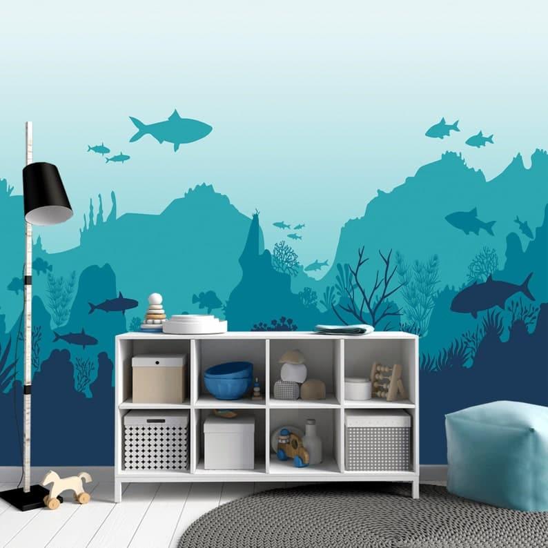 Sharks in the Blue Underwater Nursery Wall Mural