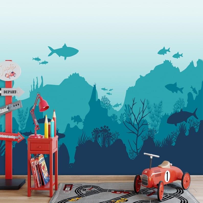 Sharks in the Blue Underwater Nursery Wall Mural - MAIA HOMES