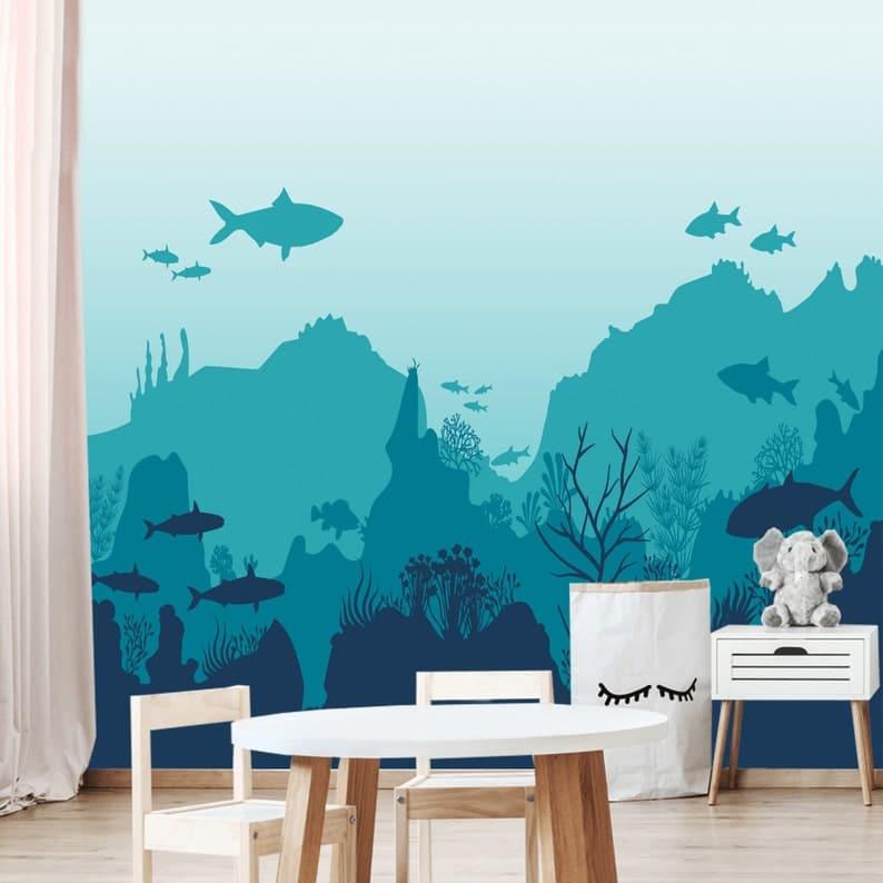 Sharks in the Blue Underwater Nursery Wall Mural