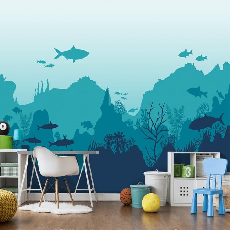 Sharks in the Blue Underwater Nursery Wall Mural