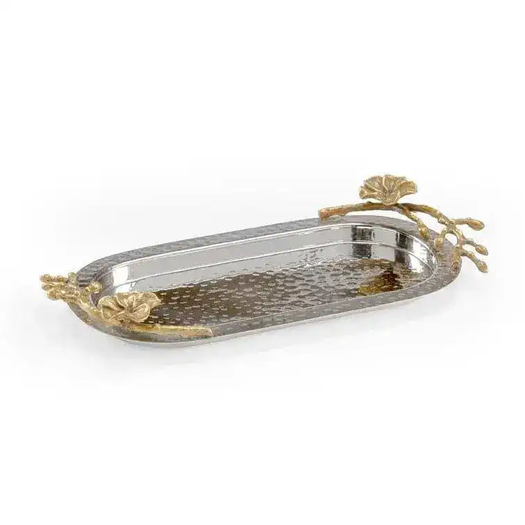 Silver Decorative Tray with Golden Orchide Leaf Handles Default Title