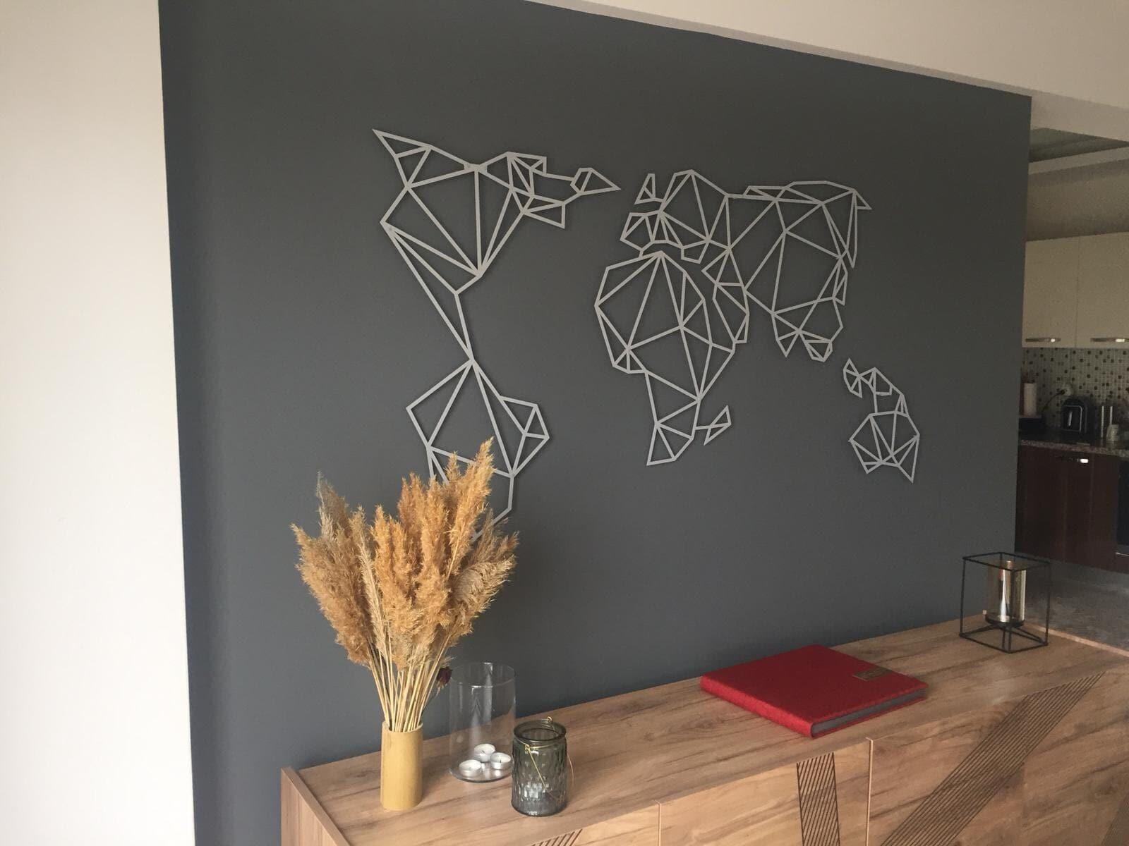 Silver Gray Geometric World Map Metal Art