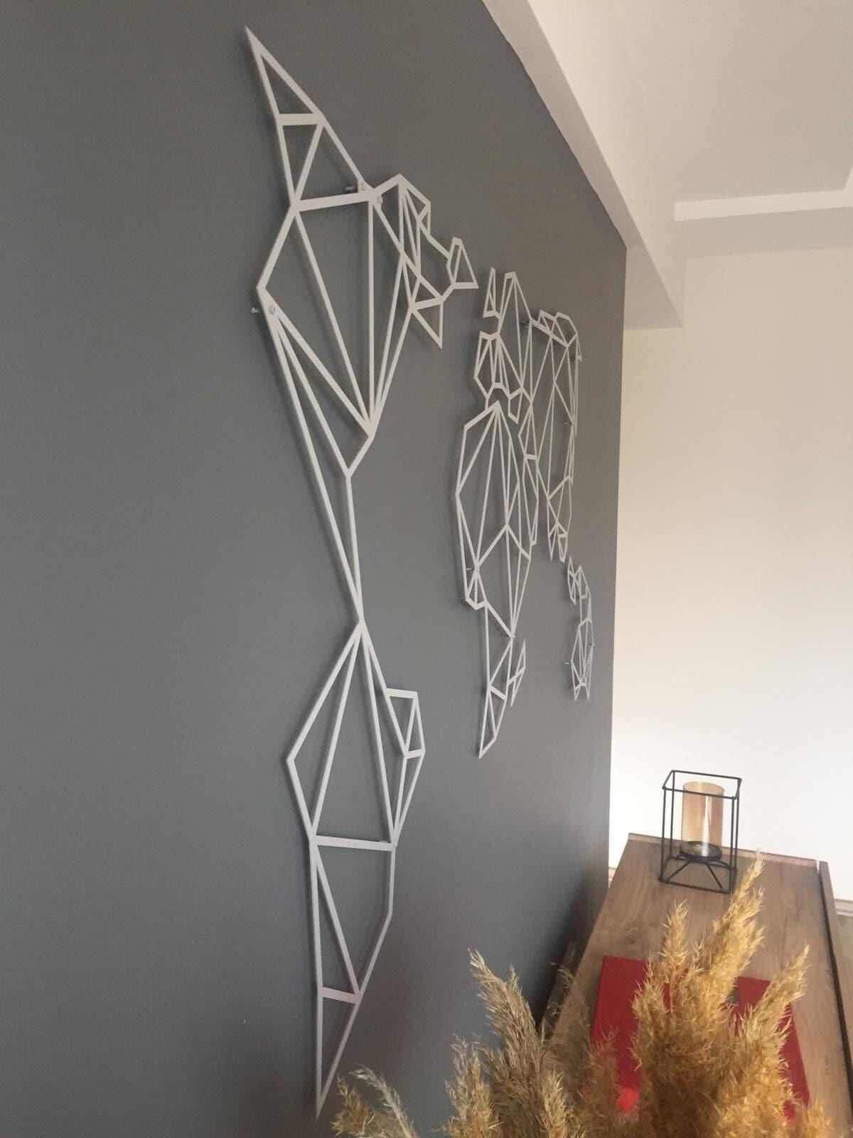 Silver Gray Geometric World Map Metal Art