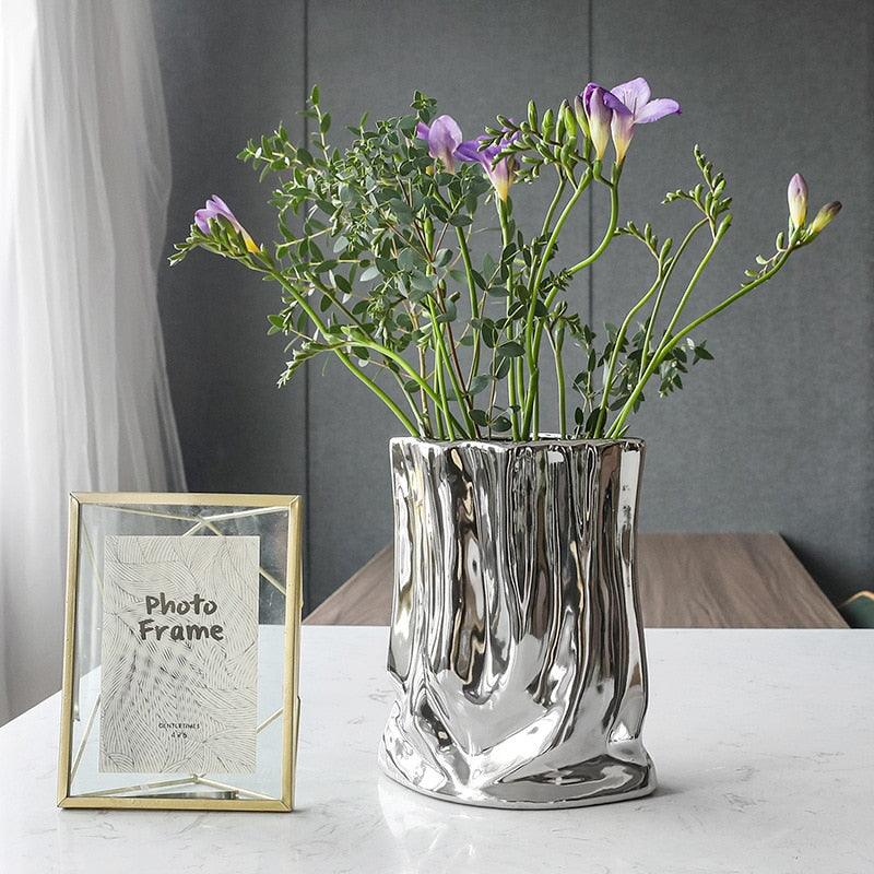 Silver Shopping Bag Shaped Flower Vase Small 6.3" x 7.8"