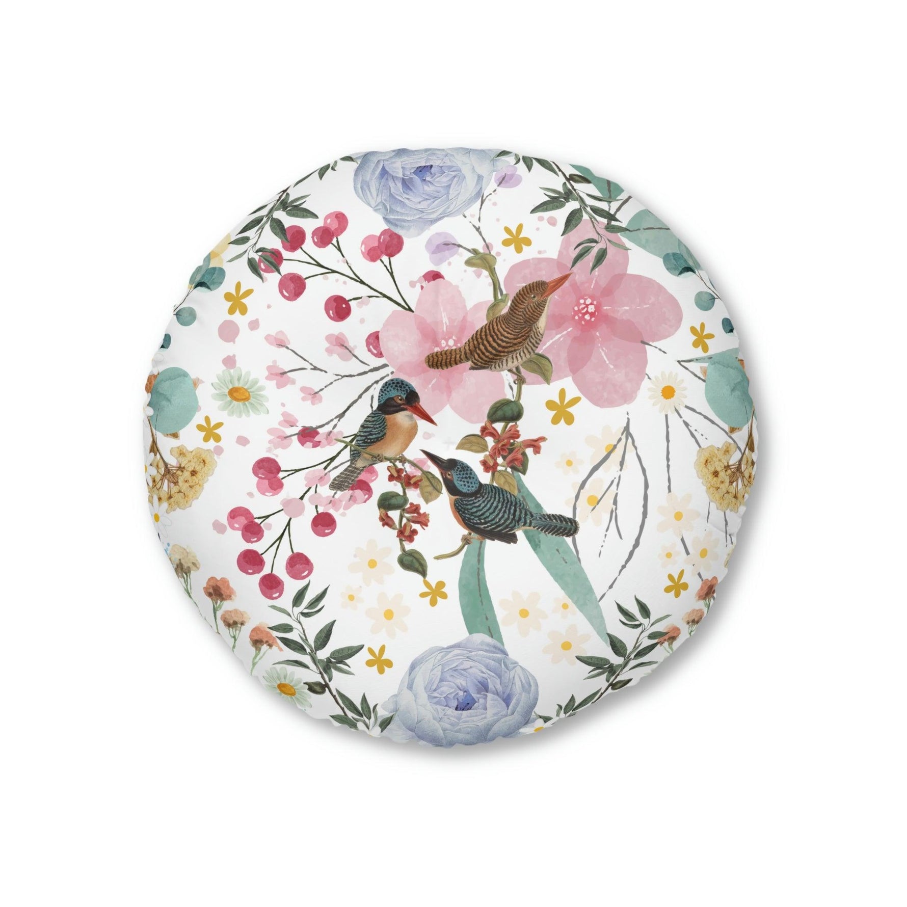 Sky Blue Chinoiserie Floral and Bird Tufted Round Floor Pillow 26" × 26"