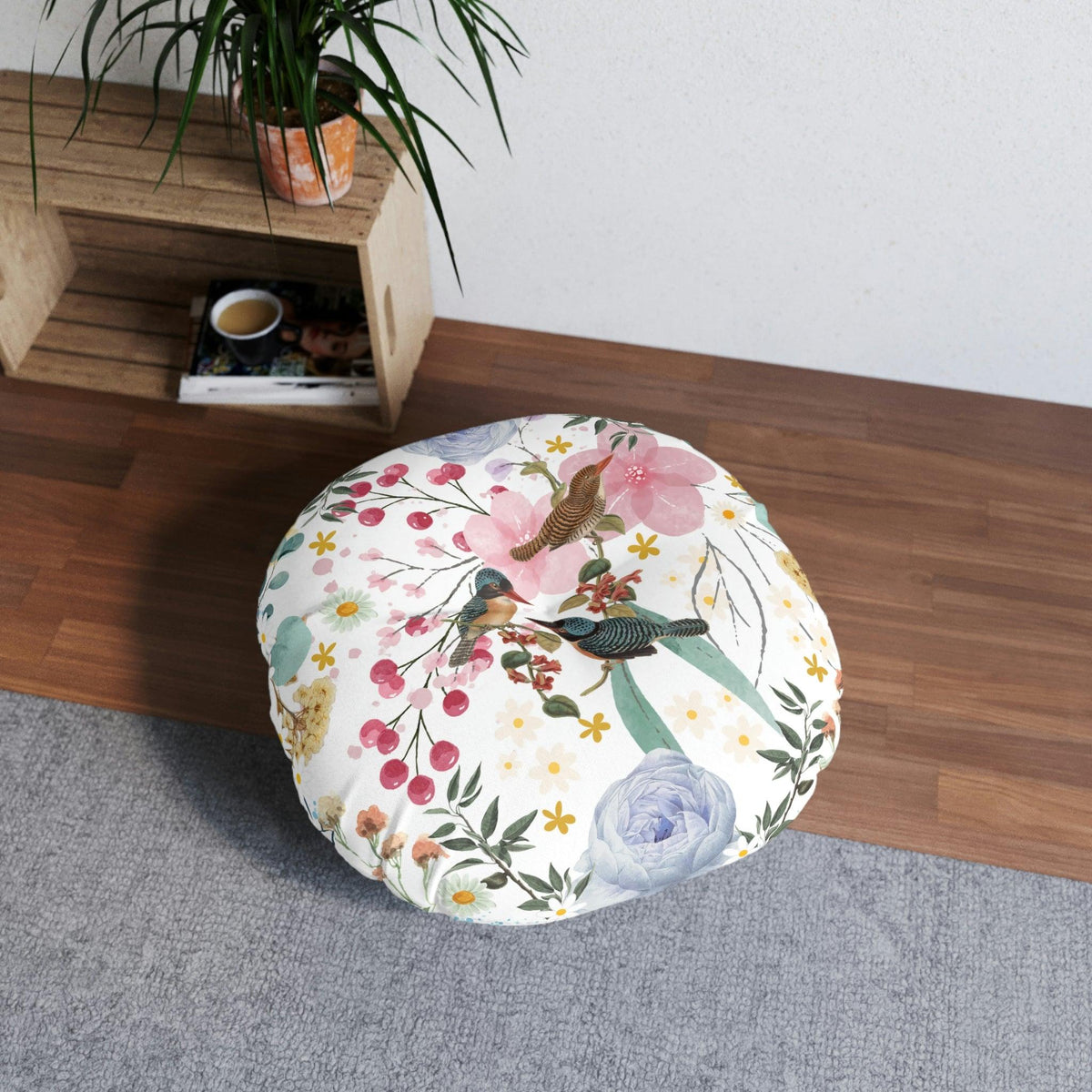 Sky Blue Chinoiserie Floral and Bird Tufted Round Floor Pillow