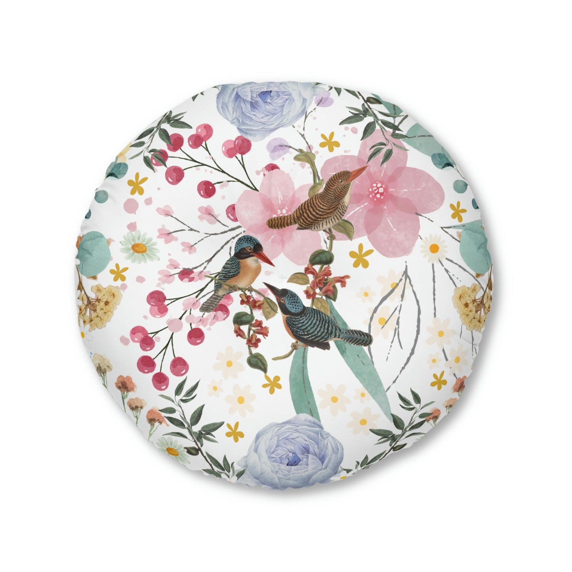 Sky Blue Chinoiserie Floral and Bird Tufted Round Floor Pillow - MAIA HOMES