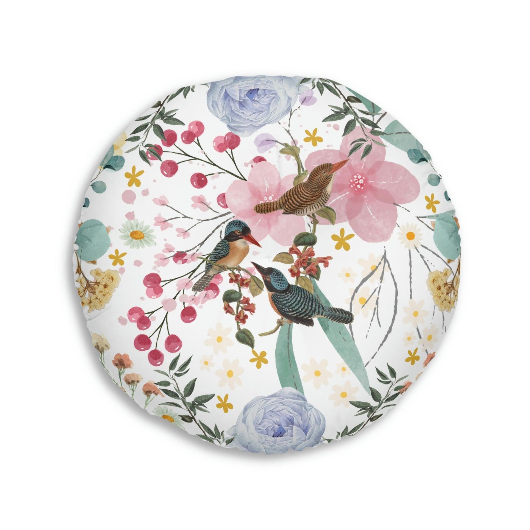 Sky Blue Chinoiserie Floral and Bird Tufted Round Floor Pillow