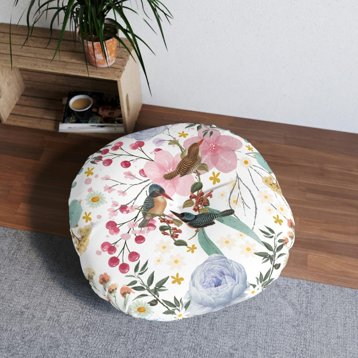 Sky Blue Chinoiserie Floral and Bird Tufted Round Floor Pillow