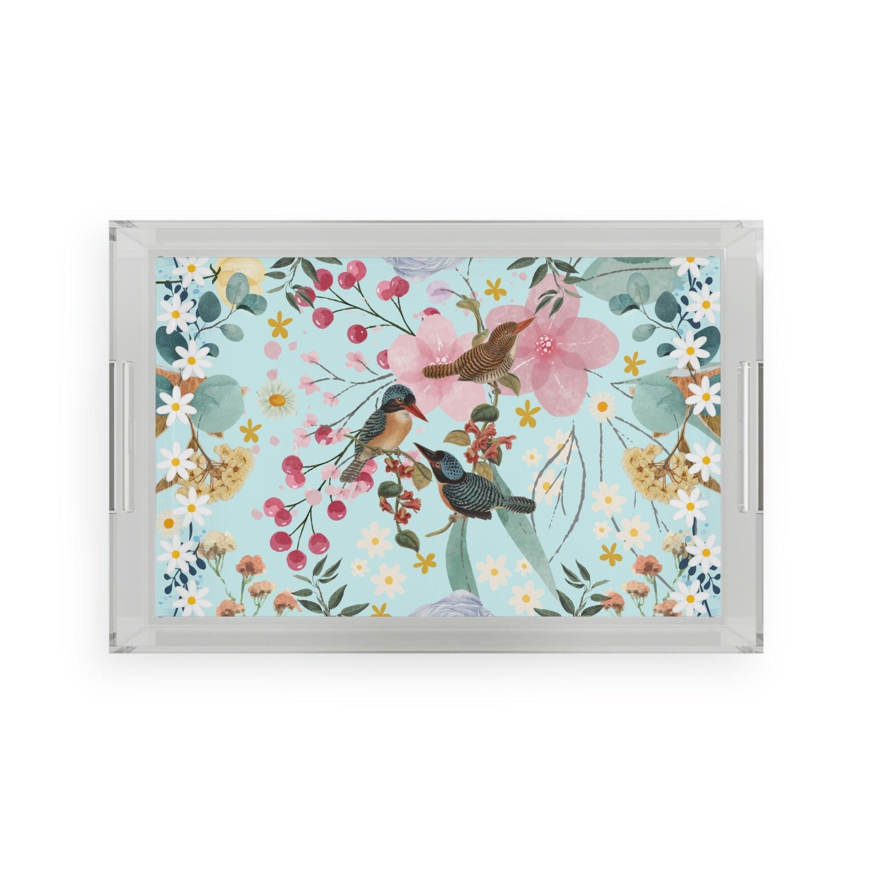 Sky Blue Chinoiserie Floral and Birds Acrylic Serving Tray 11" x 17" Clear