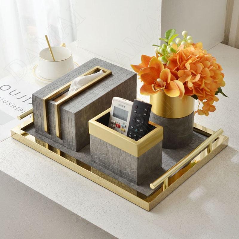 Sleek Brass and Faux Croc Leather Tissue Box