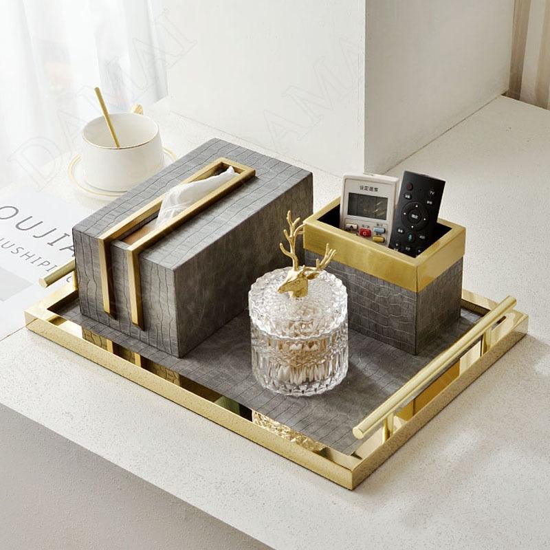 Sleek Brass and Faux Croc Leather Tissue Box