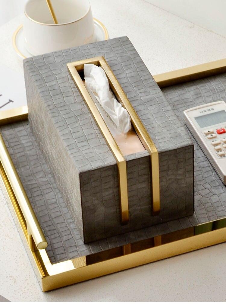 Sleek Brass and Faux Croc Leather Tissue Box