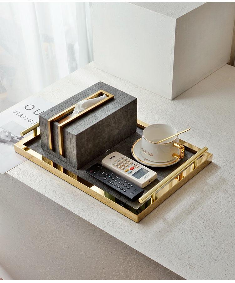 Sleek Brass and Faux Croc Leather Tissue Box