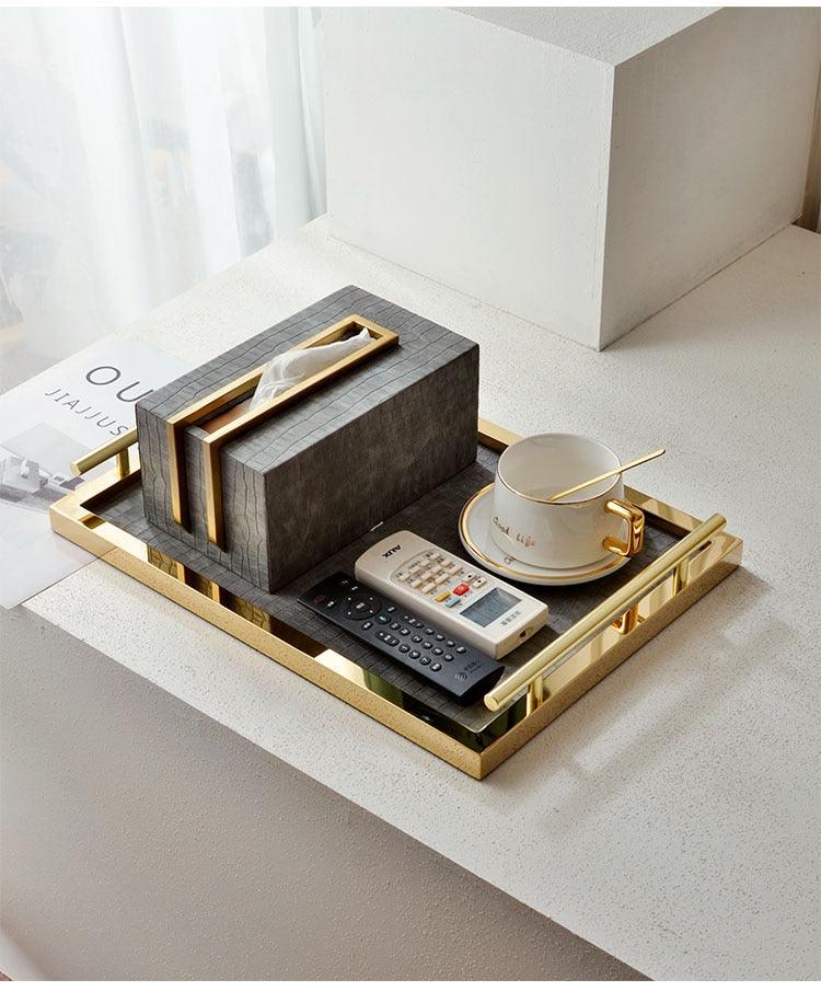Sleek Brass and Faux Croc Leather Tissue Box - MAIA HOMES