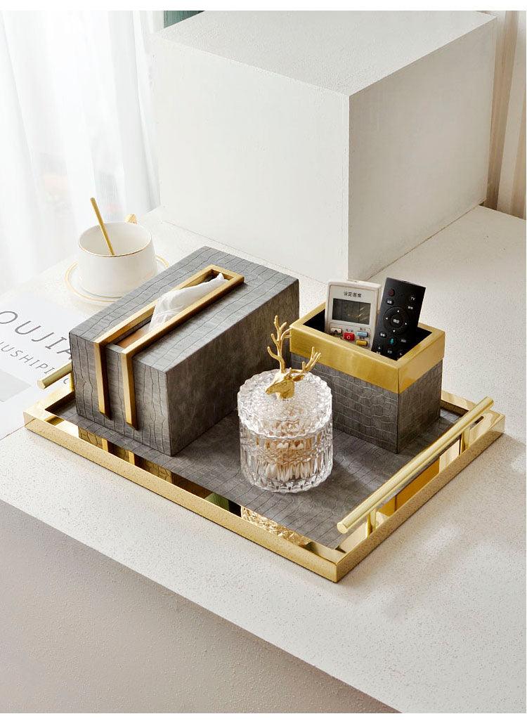 Sleek Brass and Faux Croc Leather Tissue Box