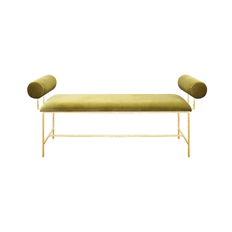 Sleek Velvet Bolster Brassed Bench Lime Green Gold Leaf