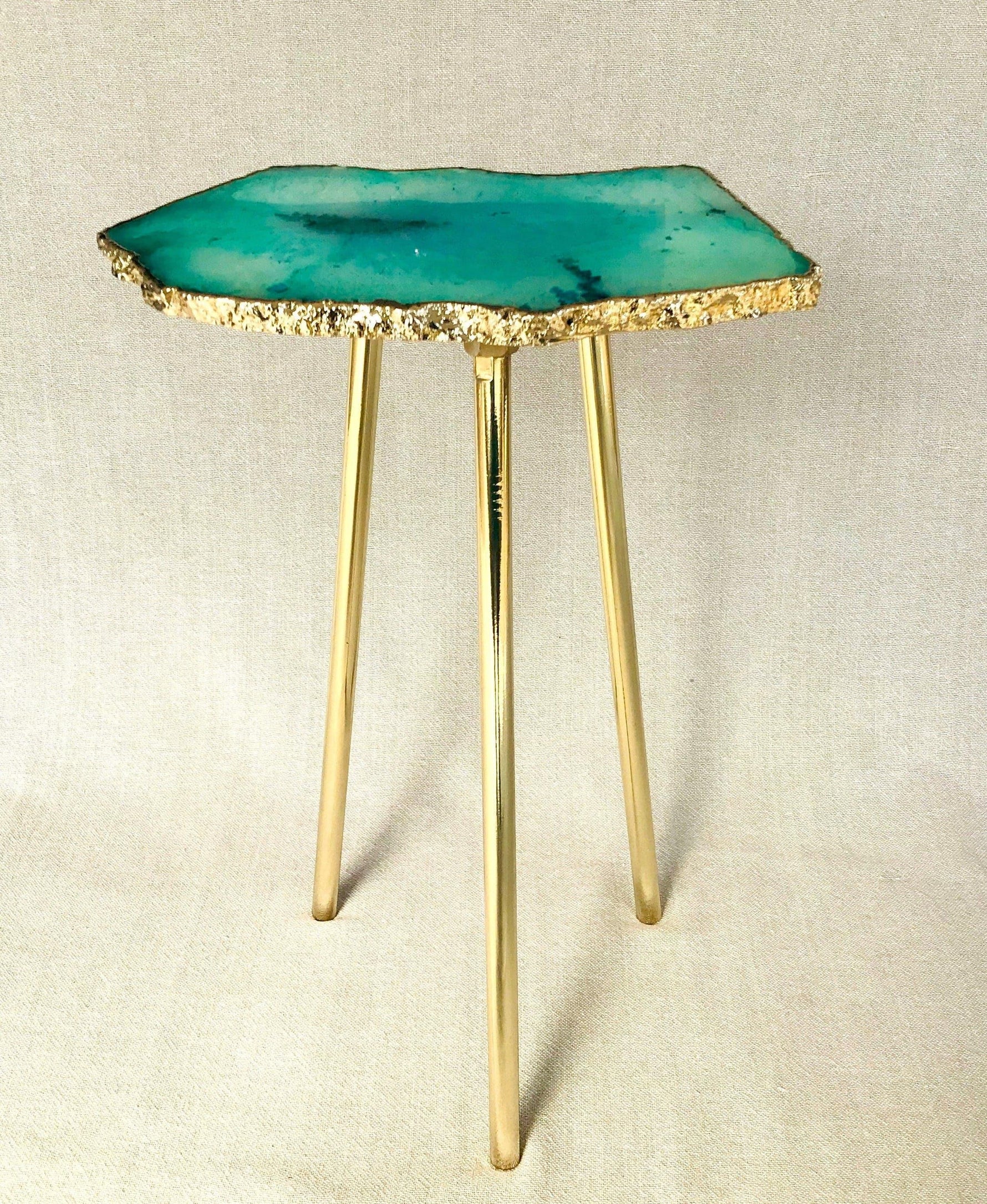 Small Aqua Agate Quartz Organic Edge Accent Table Silver