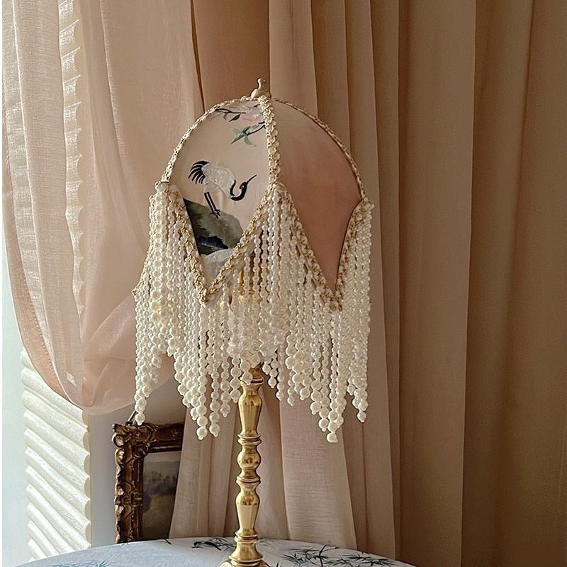 Soft Pink Crane Jacquard Lampshade with Beaded Fringe Default Title