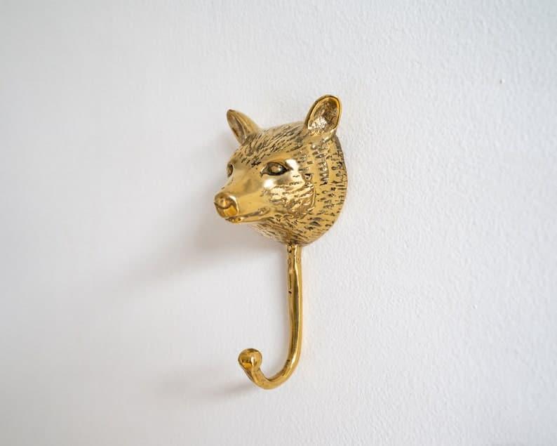 Solid Brass Bear Wall Hooks - 2 pcs