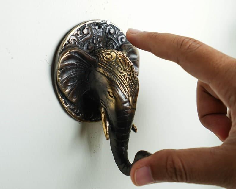 Solid Brass Elephant Head Wall Hook ANTIQUE