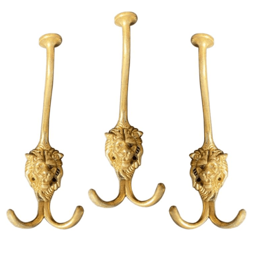 Solid Brass Lion Head Coat Hangers/Wall Hooks - Set of 9